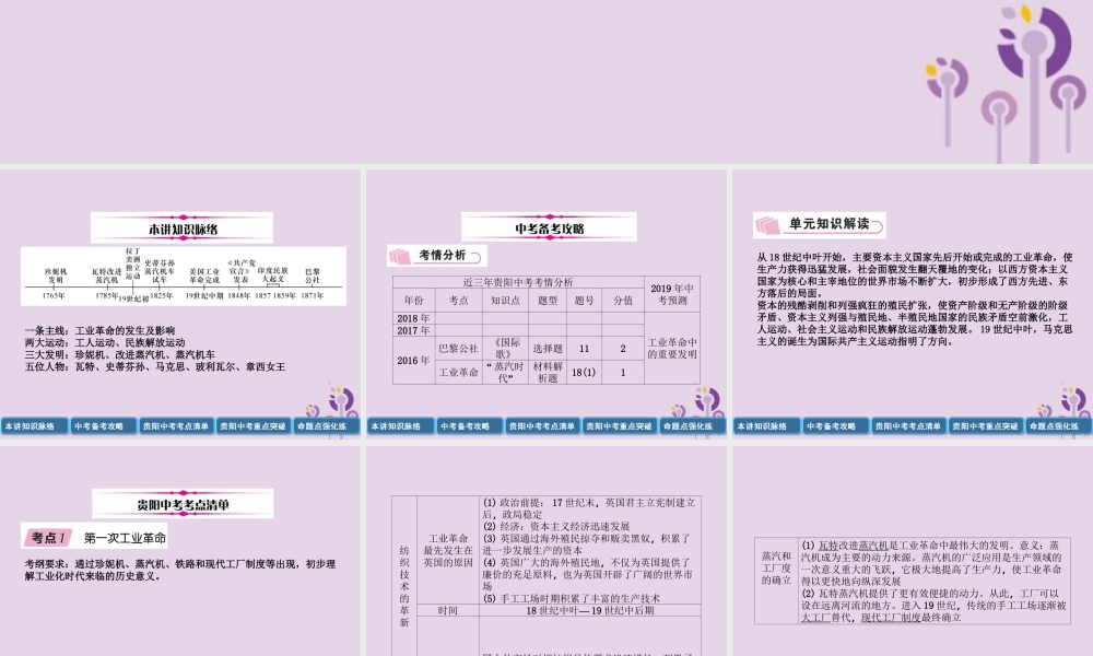中考历史总复习 第一编 教材知识速查篇 模块三 世界近代史 第17讲 工业革命和工人运动的兴起 殖民地人民的反抗(精讲)课件