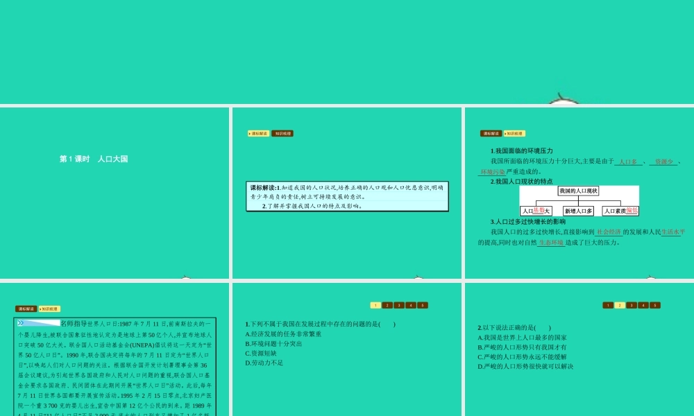 九年级政治全册 第二单元 关注自然 关注人类 第二节 我国的环境压力 第1框 人口大国课件 湘教版 课件