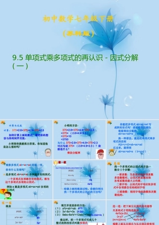中学七年级数学下册(9.5单项式乘多项式的再认识-因式分解(一))课件 苏科版 课件