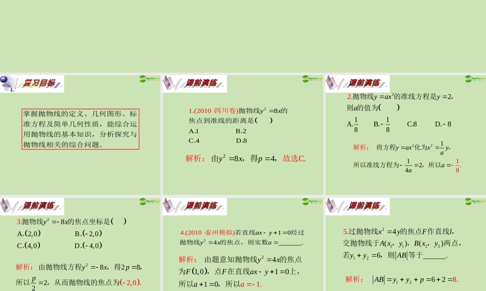 安徽省高三数学复习 第10单元第61讲 抛物线课件 理 课件