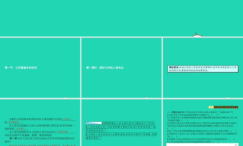 八年级政治下册 第四单元 关注我们的人身权利 第一节 公民最基本的权利 第1框 维护公民的人身自由课件 湘教版 课件