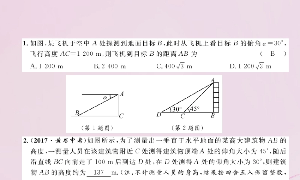 九年级数学上册 44 解直角三角形的应用(第1课时)与俯角、仰角有关的应用问题练习课件 (新版)湘教版 课件