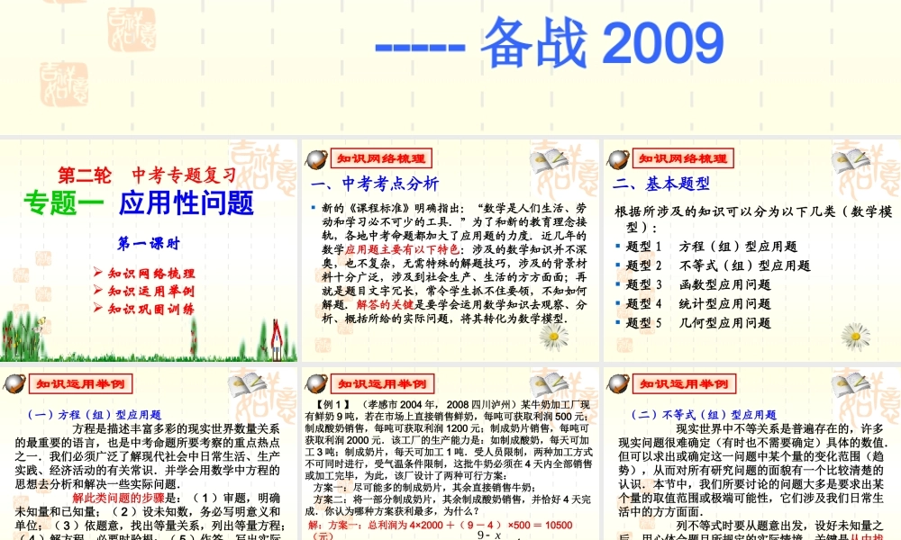 二轮专题复习1-1应用性问题-方程和不等式 九年级数学第二轮中考复课件