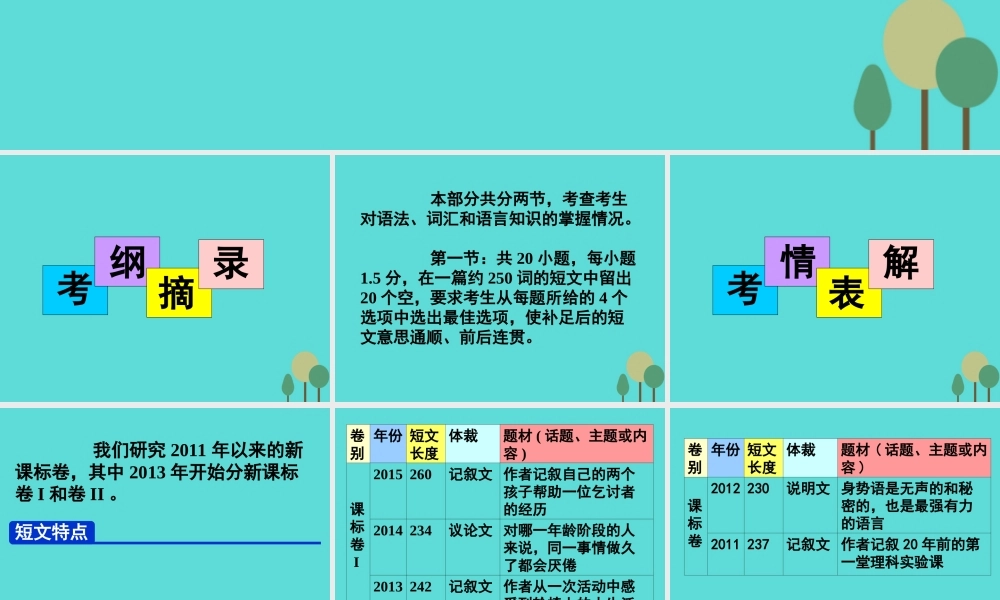 名师指津高三英语二轮复习 第二部分 语言知识运用 完形填空 考纲摘录 考情表解 命题揭秘 解题方略课件