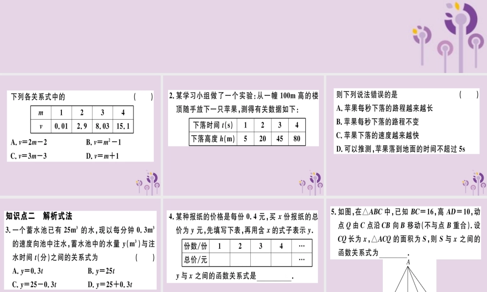 八年级数学下册 第十九章(一次函数)19.1 变量与函数 19.1.2.2 函数的表示法习题课件 (新版)新人教版 课件