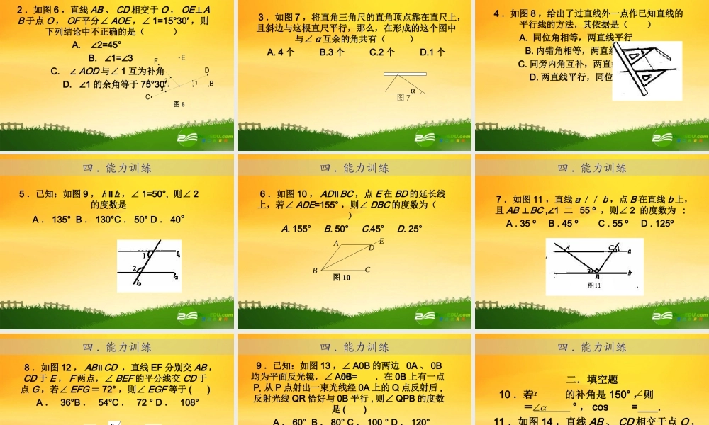 九年级数学中考专题(空间与图形)－第三讲(相交线与平行线1)课件(北师大版) 九年级数学中考专题课件-空间与图形(共18套)北师大版