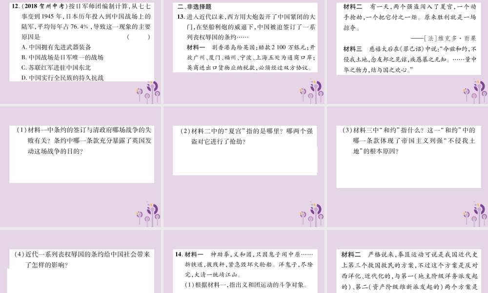 中考历史总复习 第二编 热点专题速查篇 专题1 列强的侵略与中国人民的抗争(精练)课件