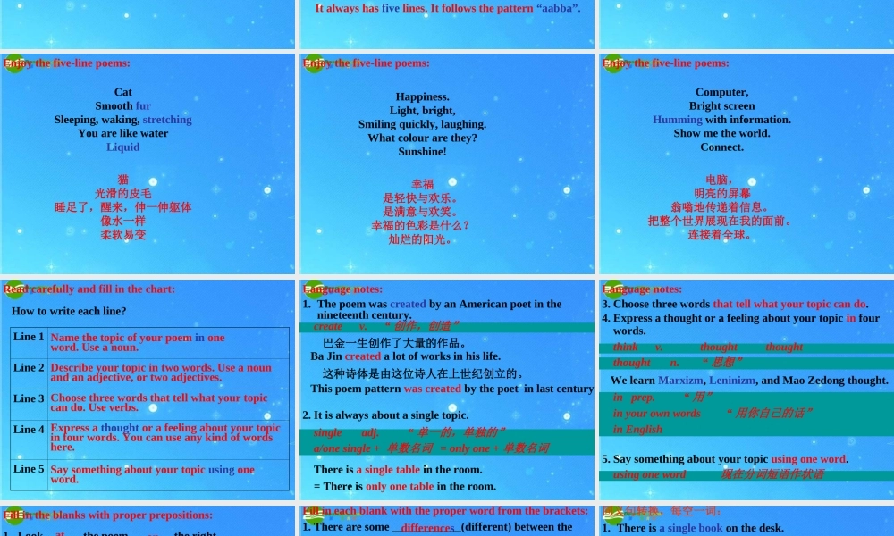 九年级英语下册 Unit1 You Can Write Poetry Lesson 6 Say It in Five课件 冀教版 课件