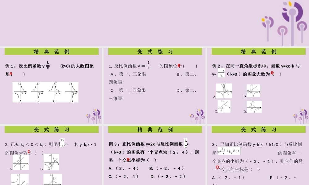九年级数学上册 第6章 反比例函数 第2课时 反比例函数的图像与性质(1)(课堂导练)习题课件 (新版)北师大版 课件