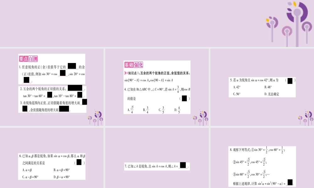 九年级数学上册 第23章 解直角三角形 231 锐角的三角函数 2312 30°，45°，60°角的三角函数值 第2课时 互余两角的三角函数值作业课件 (新版)沪科版 课件