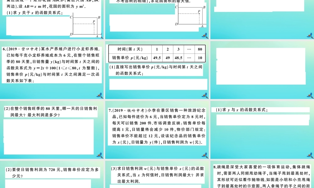 九年级数学上册 第21章 二次函数与反比例函数 基础提升专练：二次函数的实际应用作业课件 (新版)沪科版 课件