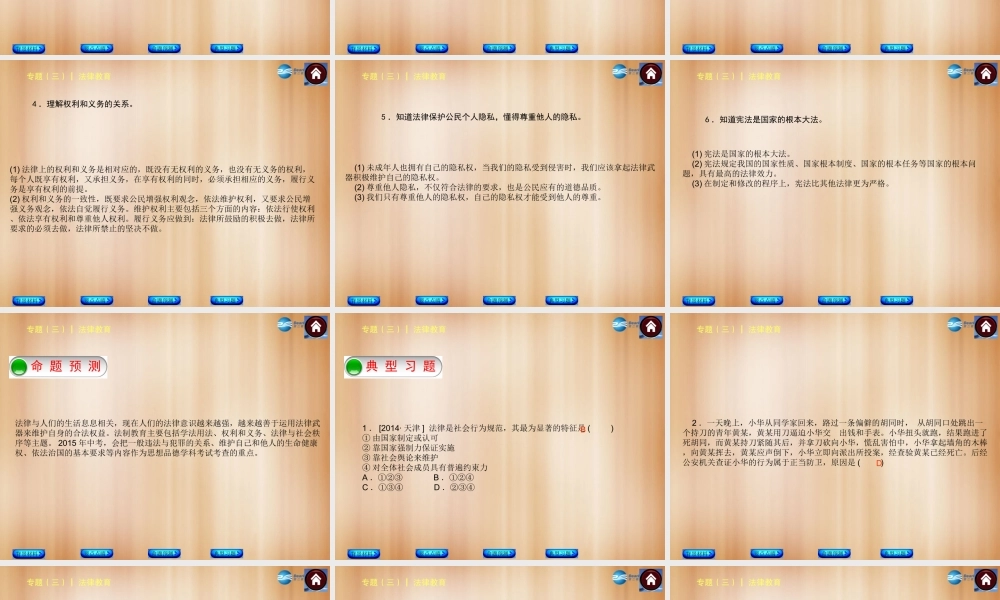 中考政治总复习 专题(三) 法律教育课件(背景材料要点点睛命题预测典型习题) 课件