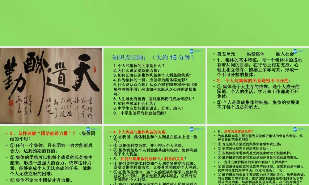 八年级政治下册 第五单元 热爱集体 融入社会复习课件 鲁教版 课件