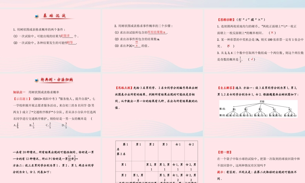 九年级数学上册 第三章 概率的进一步认识  1用树状图或表格求概率(第1课时)习题课件 (新版)北师大版 课件