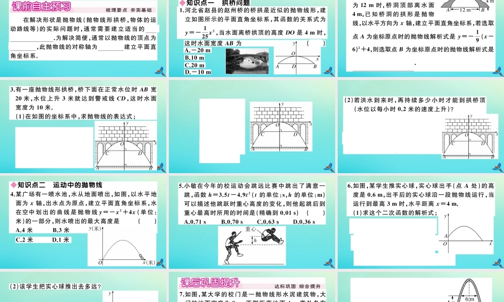 九年级数学上册 第22章 二次函数 223 实际问题与二次函数 第3课时 拱桥问题和运动中的抛物线作业课件 (新版)新人教版 课件