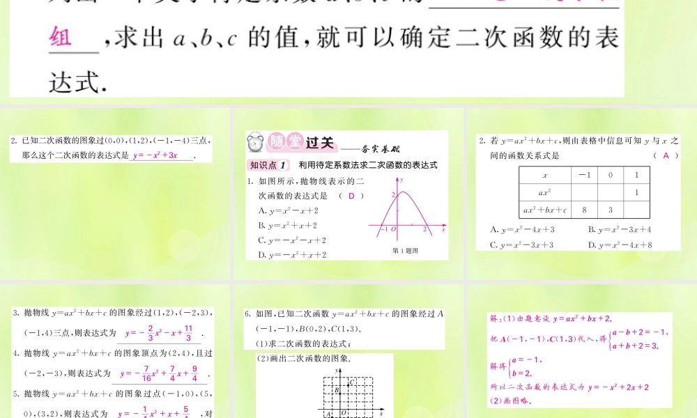 九年级数学下册 第1章 二次函数 13 不共点三点确定二次函数的表达式习题课件 (新版)湘教版 课件