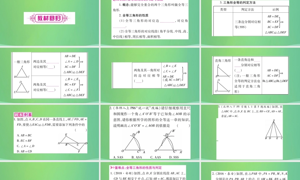 中考数学复习 第一轮 考点系统复习 第四章 三角形 第三节 全等三角形(精讲)课件