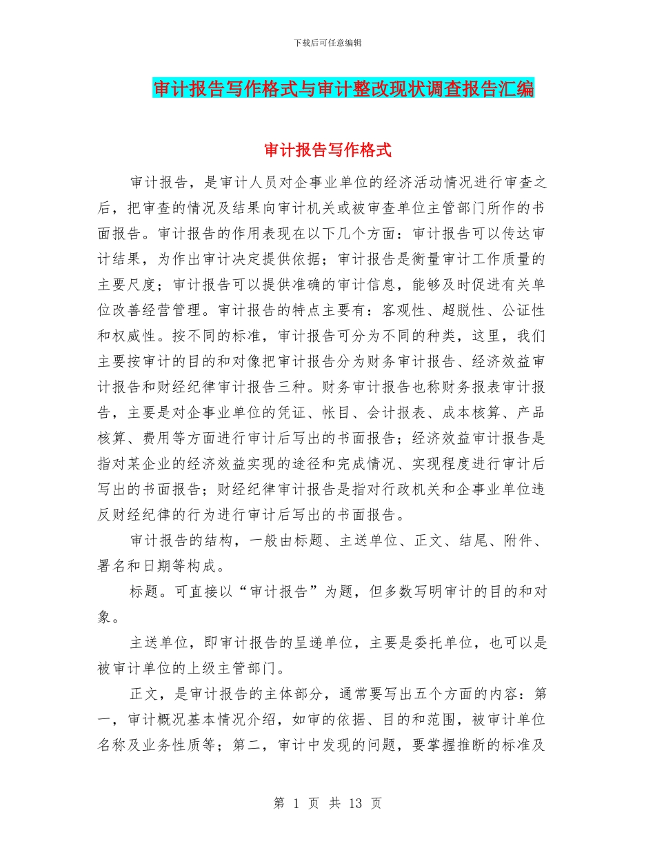 审计报告写作格式与审计整改现状调查报告汇编_第1页