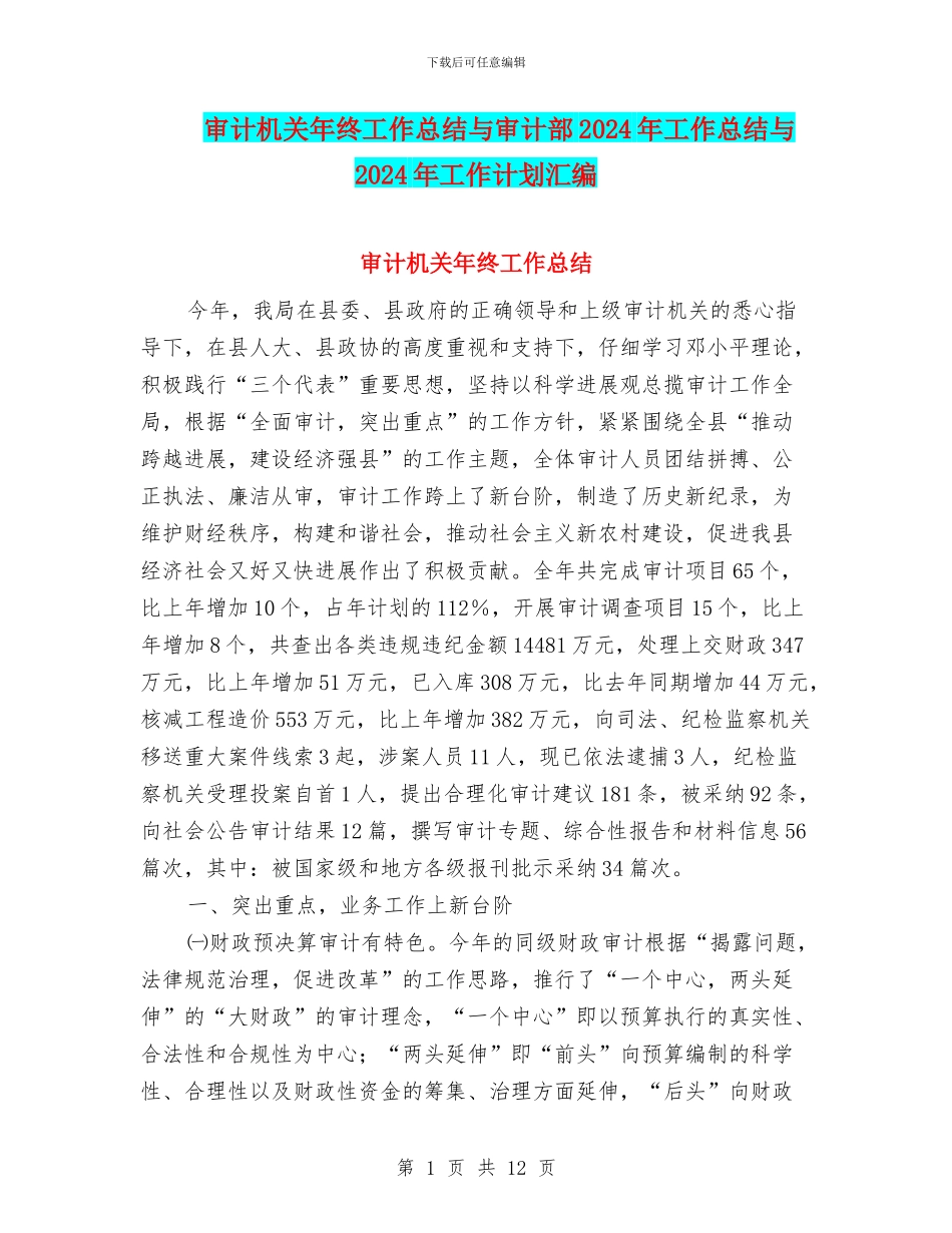 审计机关年终工作总结与审计部2024年工作总结与2024年工作计划汇编_第1页
