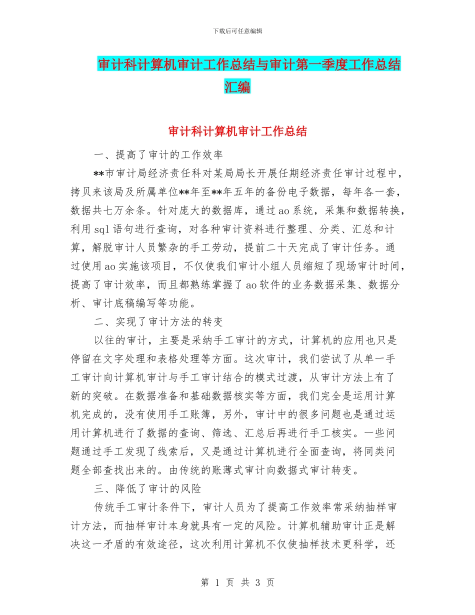 审计科计算机审计工作总结与审计第一季度工作总结汇编_第1页