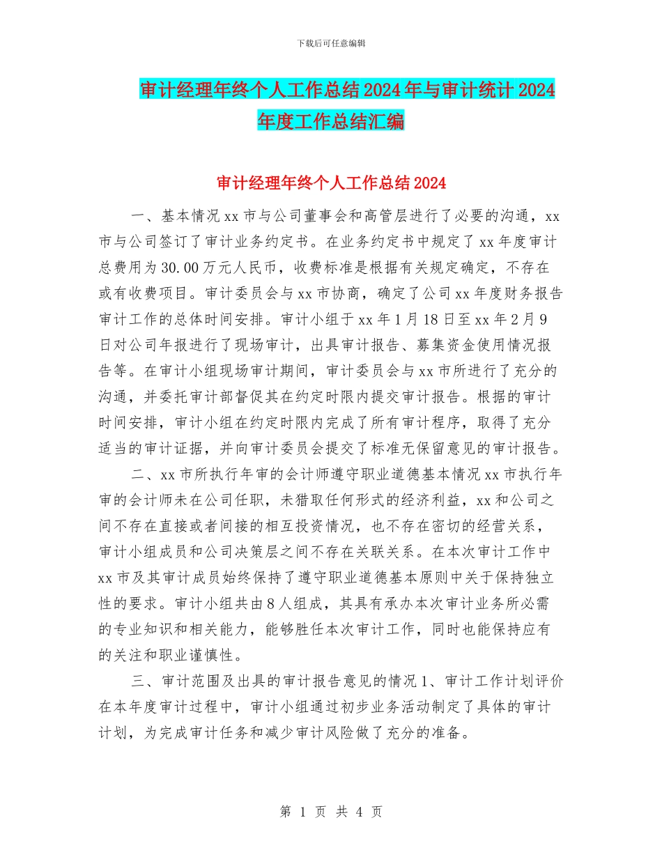 审计经理年终个人工作总结2024年与审计统计2024年度工作总结汇编_第1页
