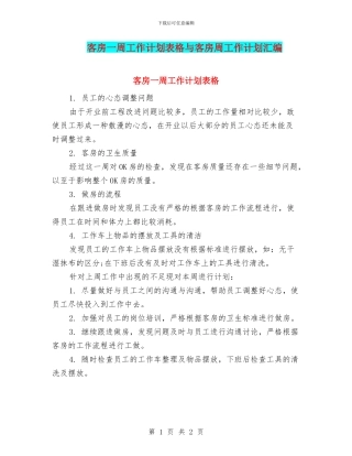 客房一周工作计划表格与客房周工作计划汇编