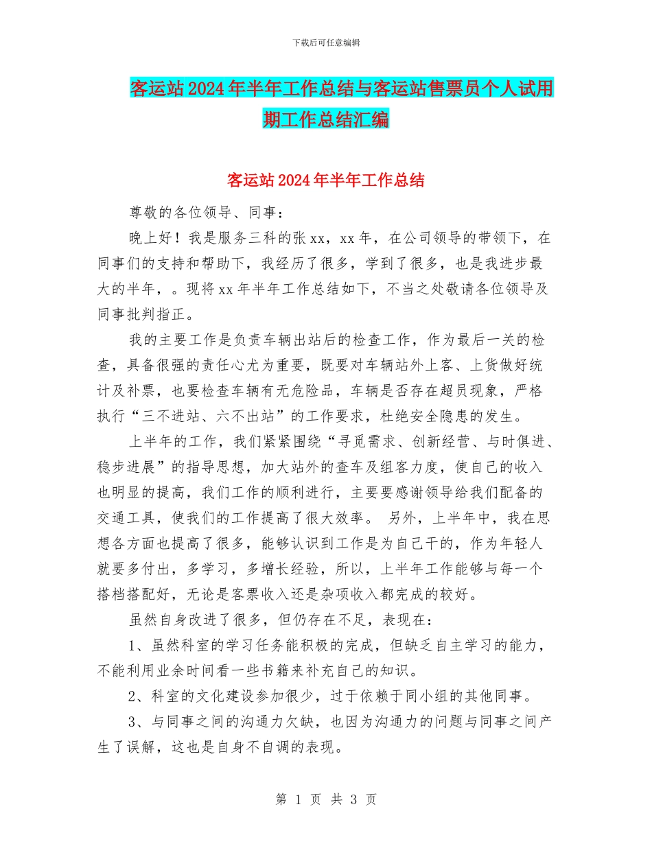 客运站2024年半年工作总结与客运站售票员个人试用期工作总结汇编_第1页