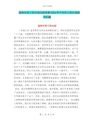 宣传专员工作计划与宣传委2024年下半年工作计划范文汇编