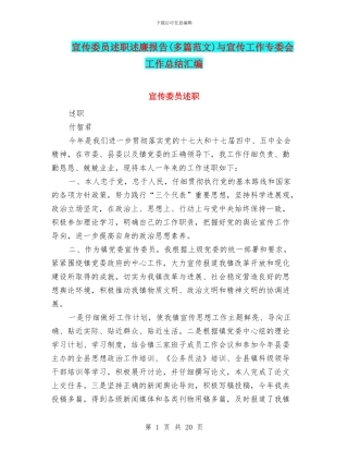 宣传委员述职述廉报告与宣传工作专委会工作总结汇编
