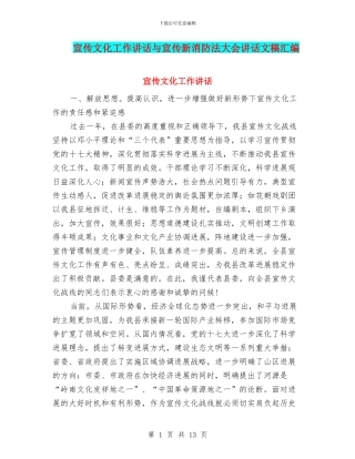 宣传文化工作讲话与宣传新消防法大会讲话文稿汇编