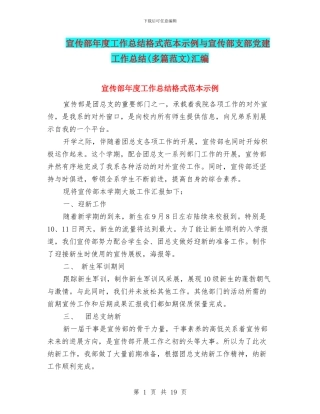 宣传部年度工作总结格式范本示例与宣传部支部党建工作总结汇编