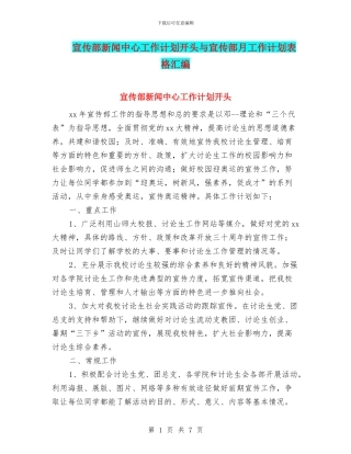 宣传部新闻中心工作计划开头与宣传部月工作计划表格汇编