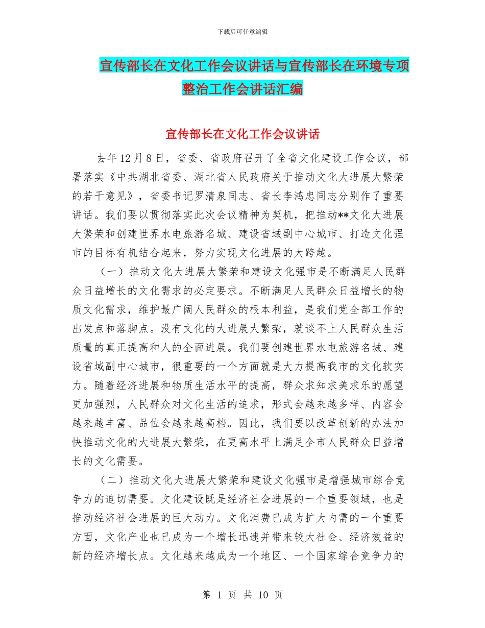 宣传部长在文化工作会议讲话与宣传部长在环境专项整治工作会讲话汇编_第1页