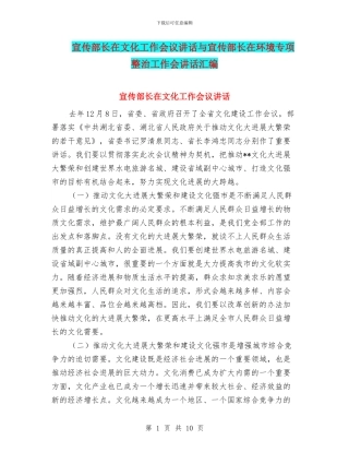 宣传部长在文化工作会议讲话与宣传部长在环境专项整治工作会讲话汇编