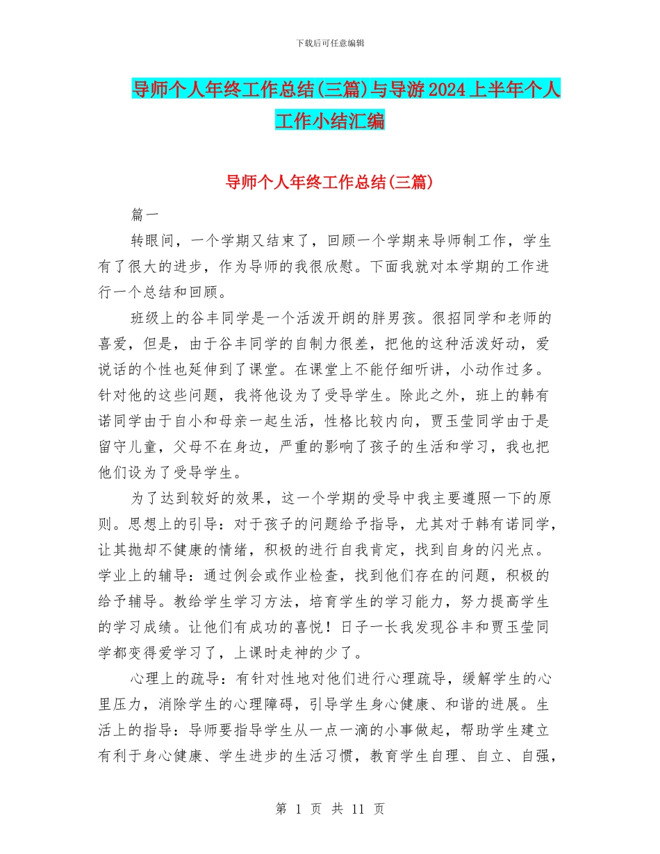 导师个人年终工作总结与导游2024上半年个人工作小结汇编_第1页