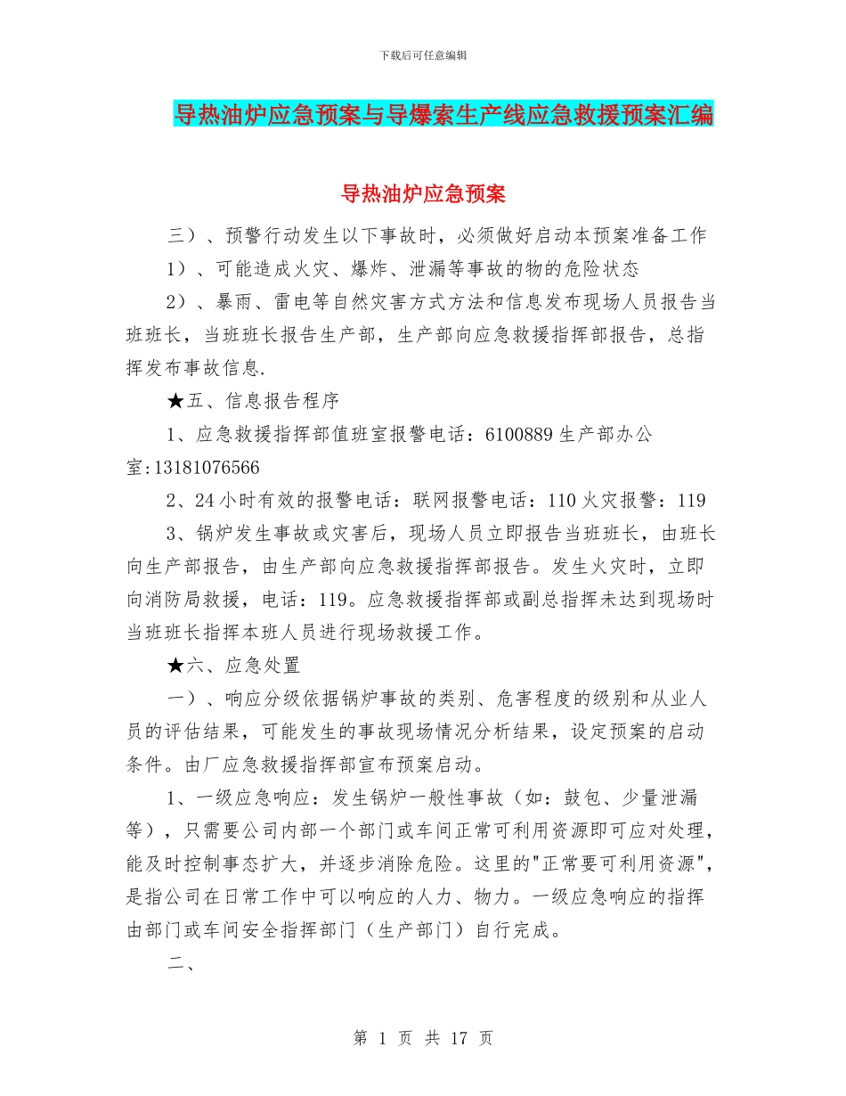 导热油炉应急预案与导爆索生产线应急救援预案汇编_第1页