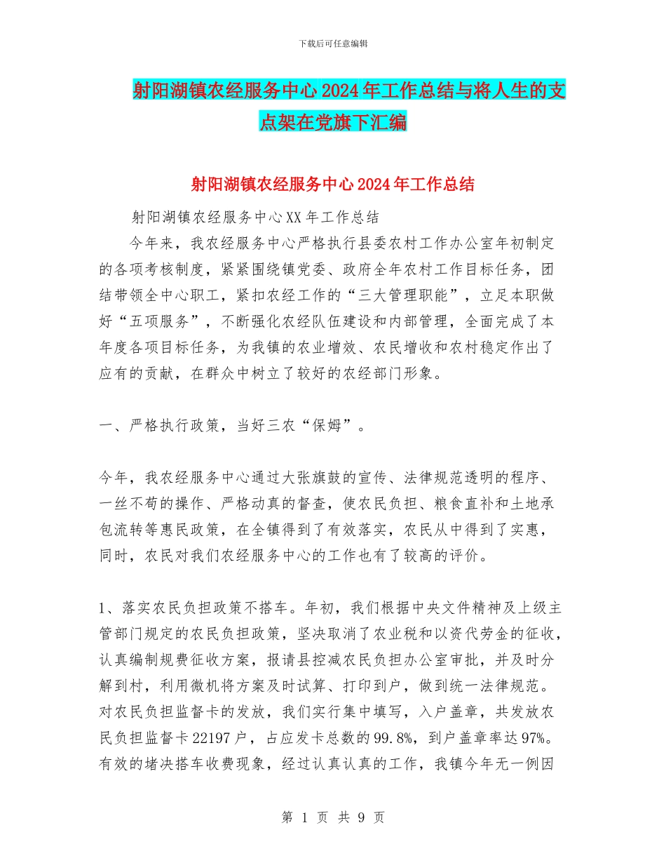射阳湖镇农经服务中心2024年工作总结与将人生的支点架在党旗下汇编_第1页