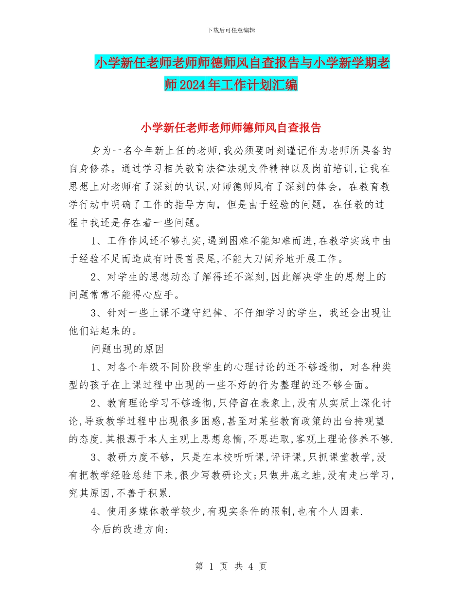 小学新任老师教师师德师风自查报告与小学新学期教师2024年工作计划汇编_第1页
