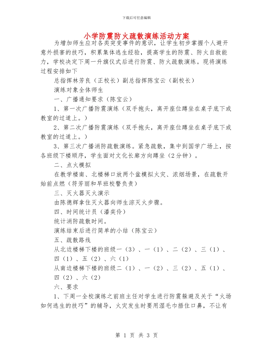 小学防震防火疏散演练活动方案_第1页