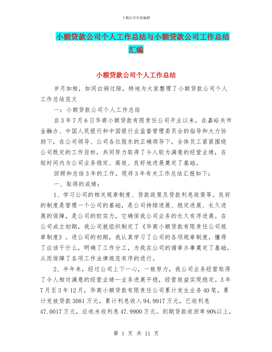小额贷款公司个人工作总结与小额贷款公司工作总结汇编_第1页