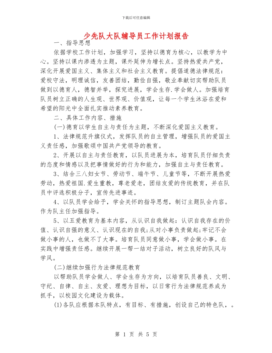 少先队大队辅导员工作计划报告_第1页
