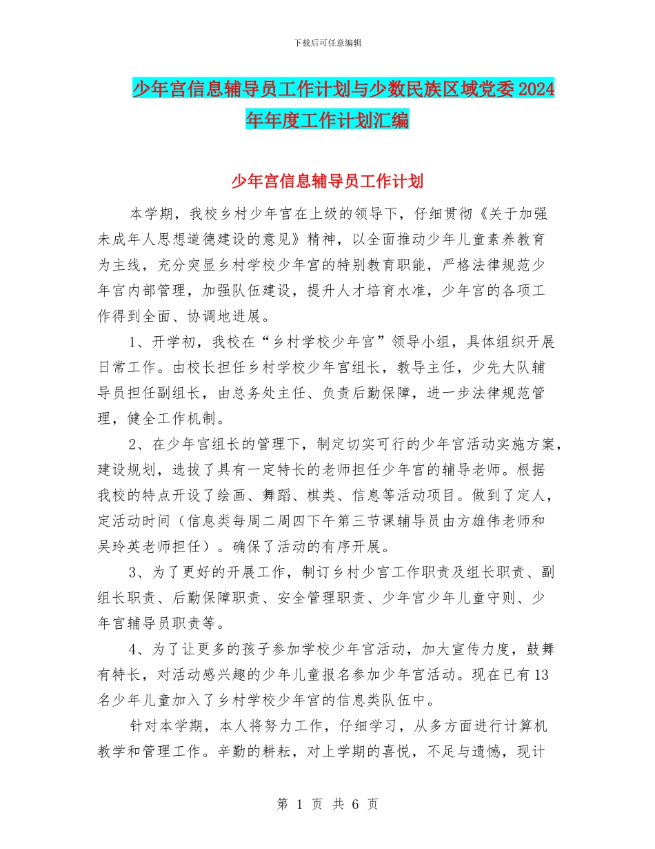 少年宫信息辅导员工作计划与少数民族区域党委2024年年度工作计划汇编_第1页
