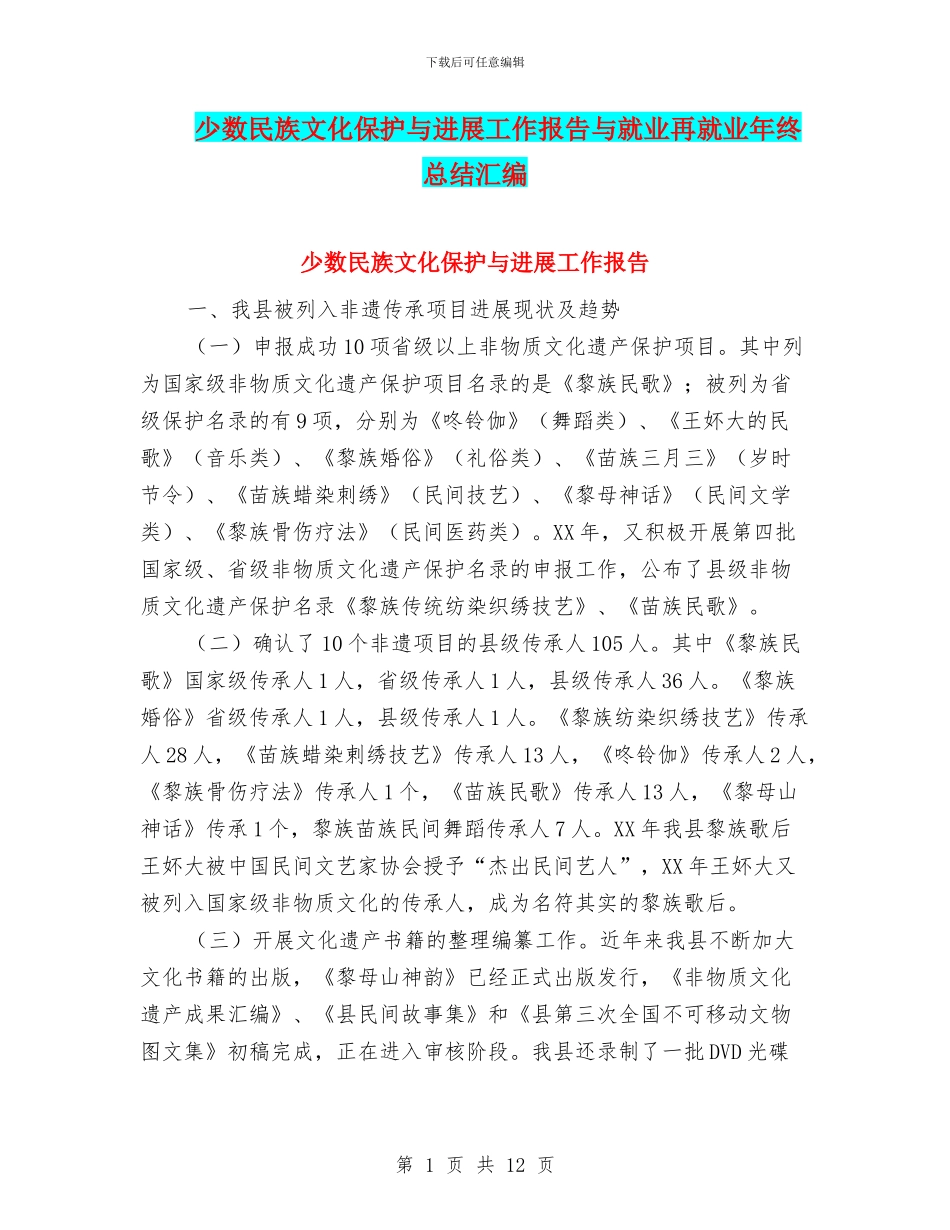少数民族文化保护与发展工作报告与就业再就业年终总结汇编_第1页