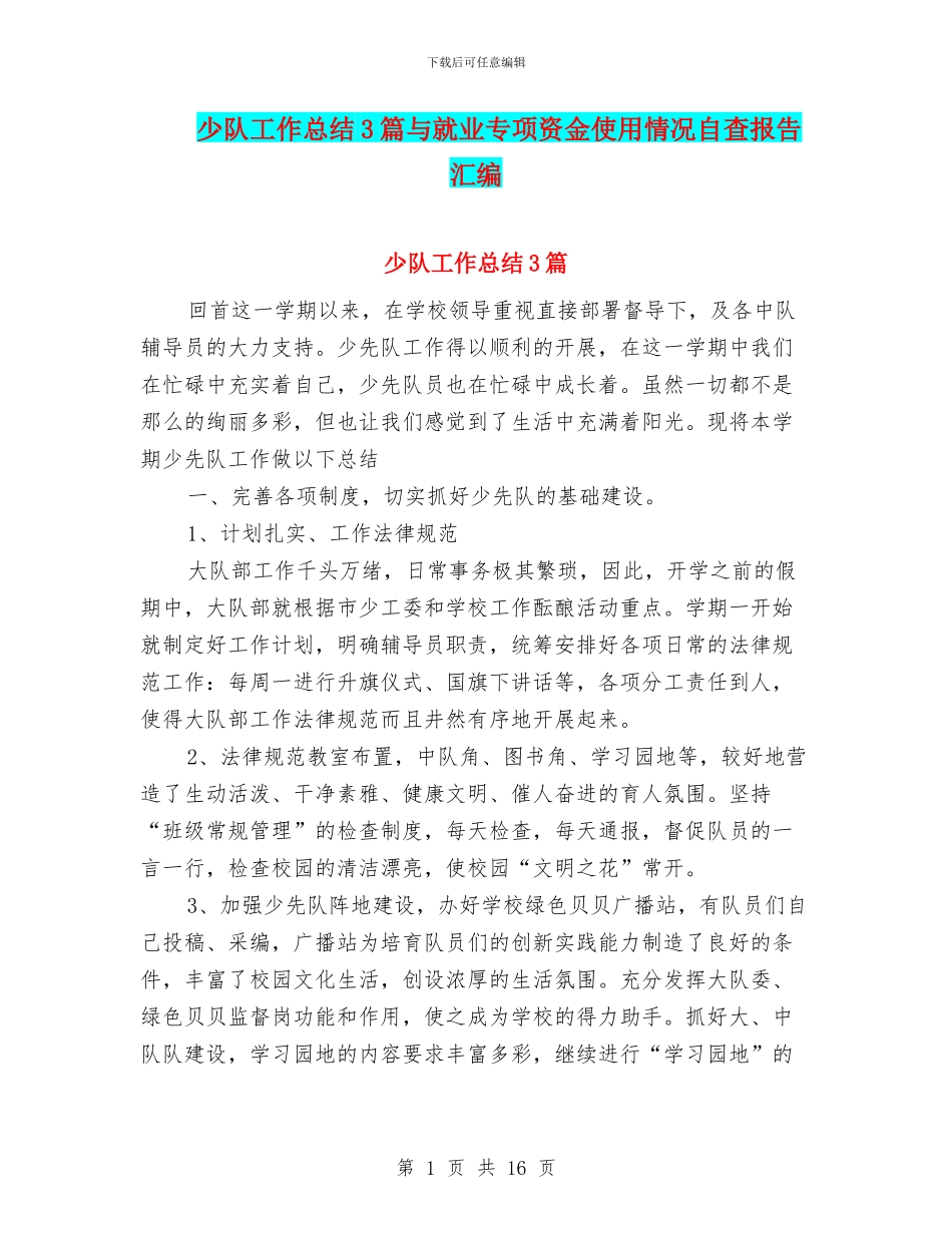 少队工作总结3篇与就业专项资金使用情况自查报告汇编_第1页