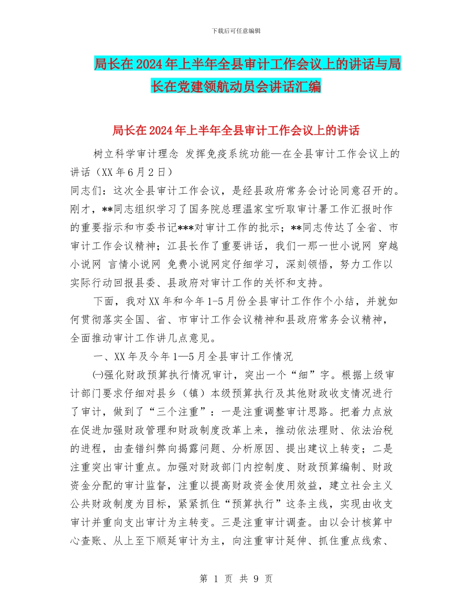 局长在2024年上半年全县审计工作会议上的讲话与局长在党建领航动员会讲话汇编_第1页