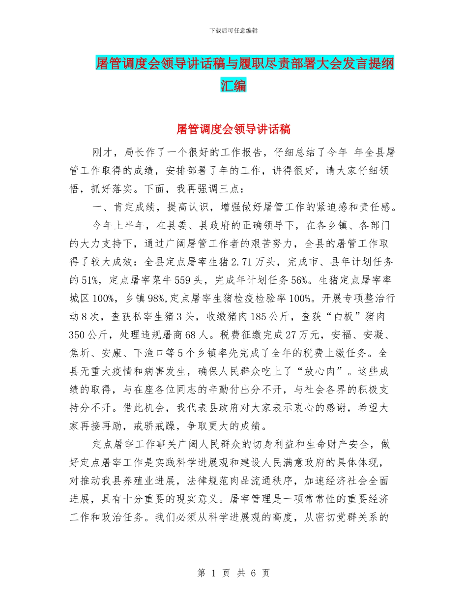 屠管调度会领导讲话稿与履职尽责部署大会发言提纲汇编_第1页