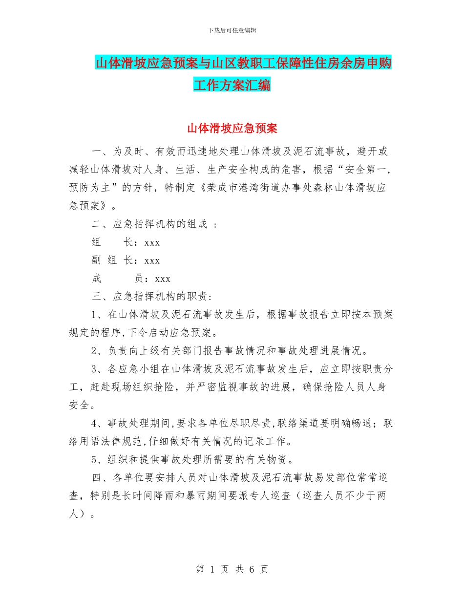 山体滑坡应急预案与山区教职工保障性住房余房申购工作方案汇编_第1页