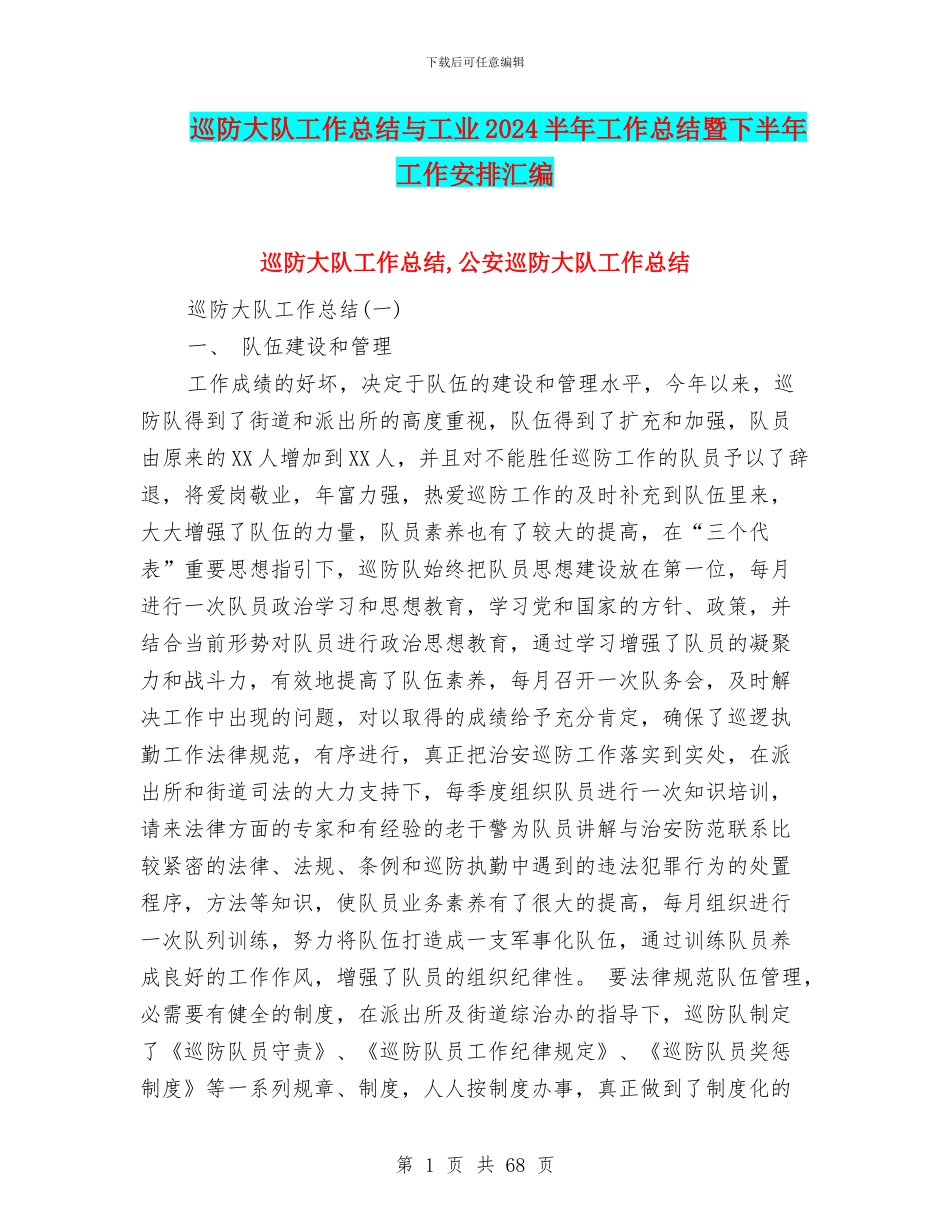 巡防大队工作总结与工业2024半年工作总结暨下半年工作安排汇编_第1页