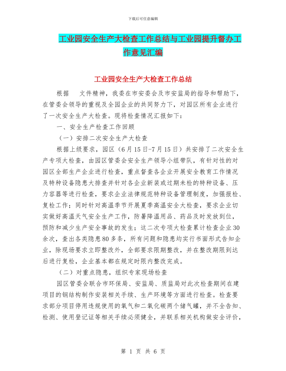 工业园安全生产大检查工作总结与工业园提升督办工作意见汇编_第1页