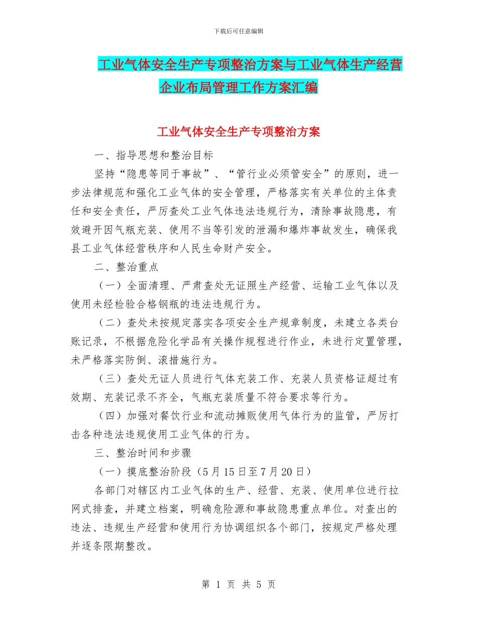 工业气体安全生产专项整治方案与工业气体生产经营企业布局管理工作方案汇编_第1页